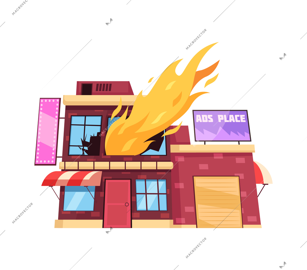 Commercial building fire front view flat vector illustration