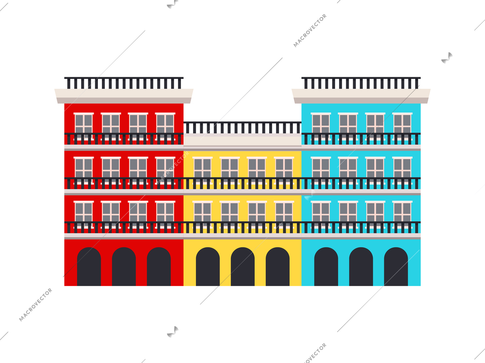 Cuban colorful houses row front view flat vector illustration