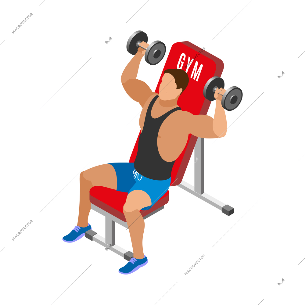 Body building isometric icon with man doing workout with dumbbells at gym 3d vector illustration