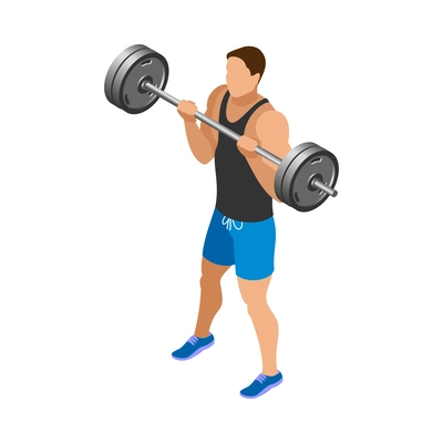 Body building isometric icon with male athlete doing weight training with barbell 3d vector illustration