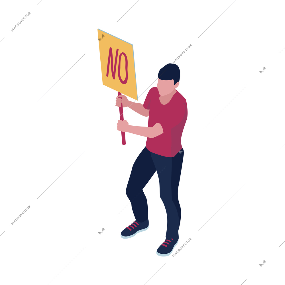 Isometric protesting man holding placard with word no 3d vector illustration