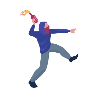 Isometric male protester throwing molotov cocktail vector illustration