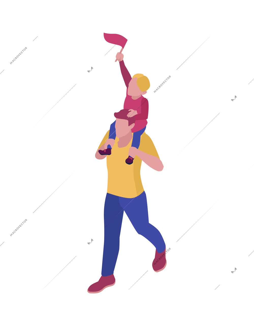 Protesting people isometric icon with dad and little child holding flag 3d vector illustration