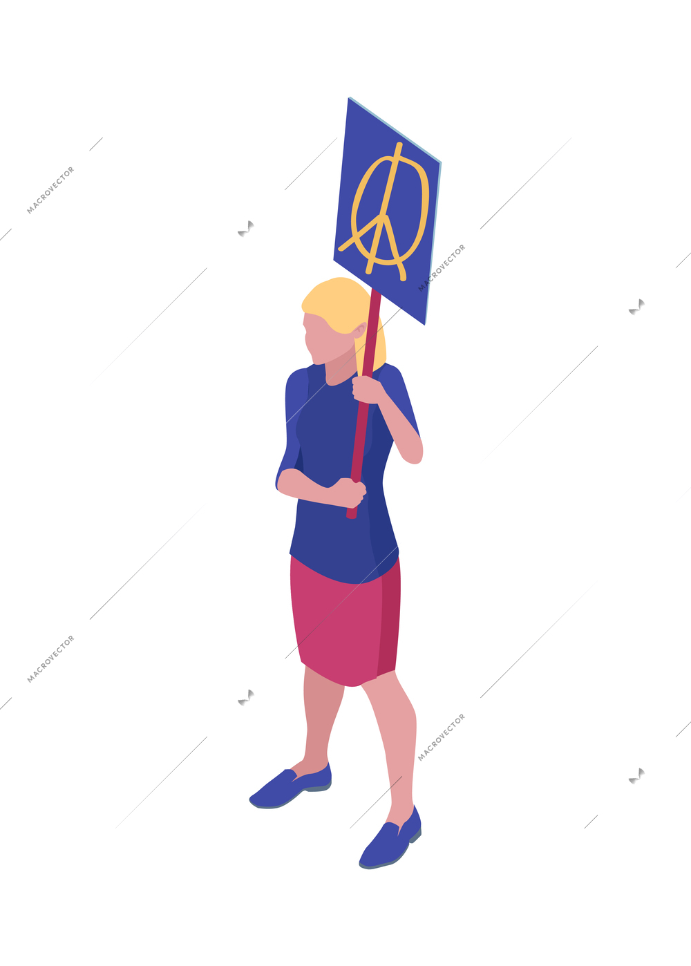 Isometric protesting woman holding placard with peace sign vector illustration