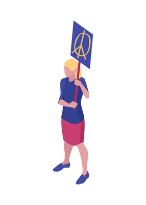 Isometric protesting woman holding placard with peace sign vector illustration