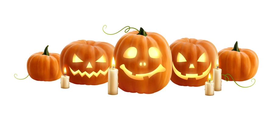 Halloween realistic composition with traditional holiday symbols pumpkins and candles vector illustration