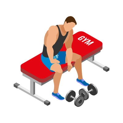 Body building isometric icon with muscular male athlete exercising with dumbbells at gym vector illustration