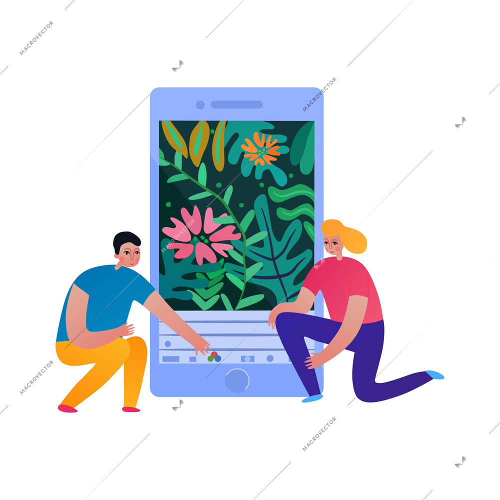 Phone interaction flat icon with people editing photo on smartphone vector illustration