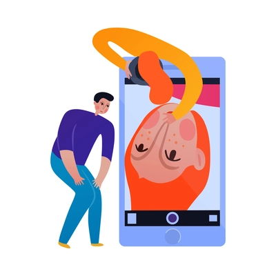 Phone interaction flat icon with people taking selfie on smartphone vector illustration
