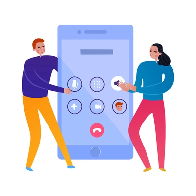 Flat phone interaction icon with two human characters and smartphone vector illustration