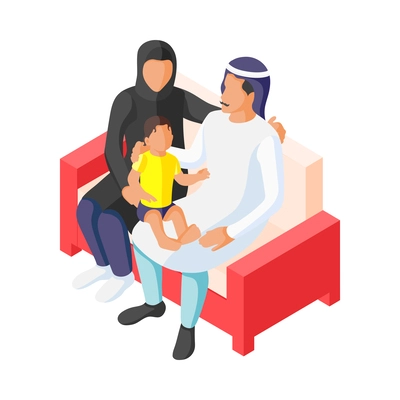 Isometric arabic family with man woman and little son sitting together on sofa 3d vector illustration