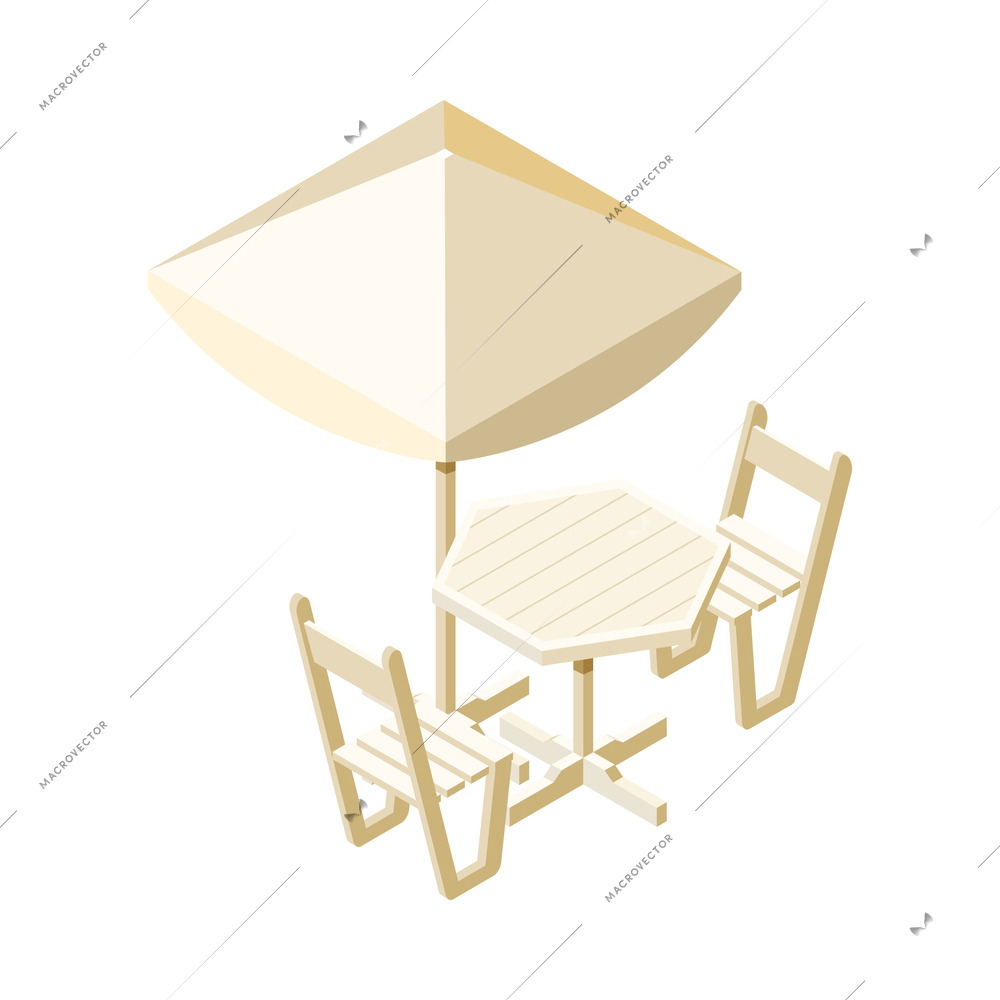 Isometric wooden table with two chairs and umbrella for sidewalk cafe interior 3d vector illustration