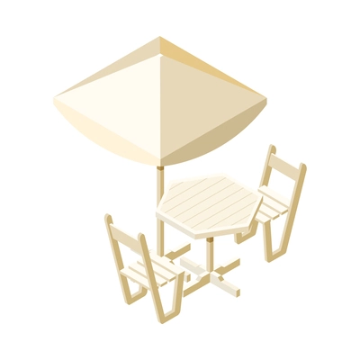 Isometric wooden table with two chairs and umbrella for sidewalk cafe interior 3d vector illustration