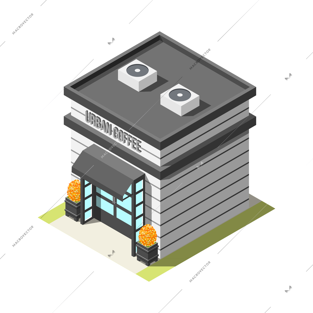 Isometric urban coffee cafe building exterior 3d vector illustration