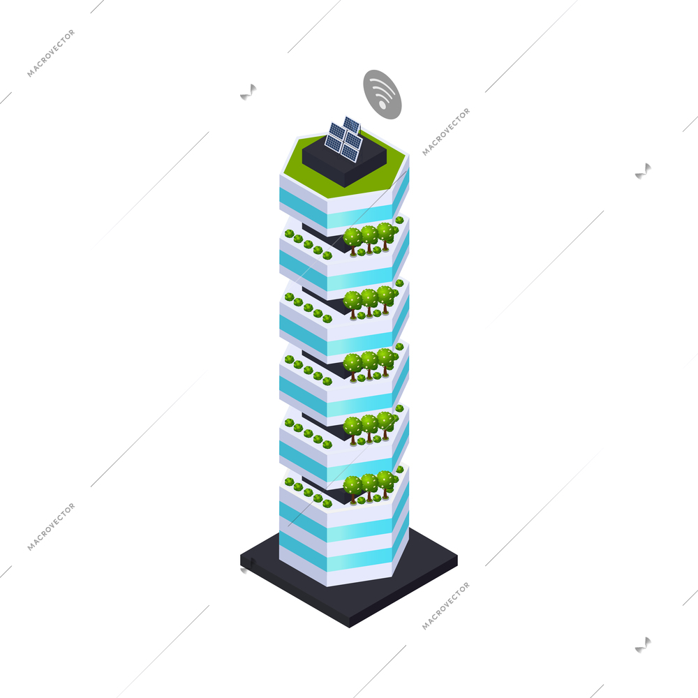 Smart city building powered by solar panels with green trees isometric icon vector illustration