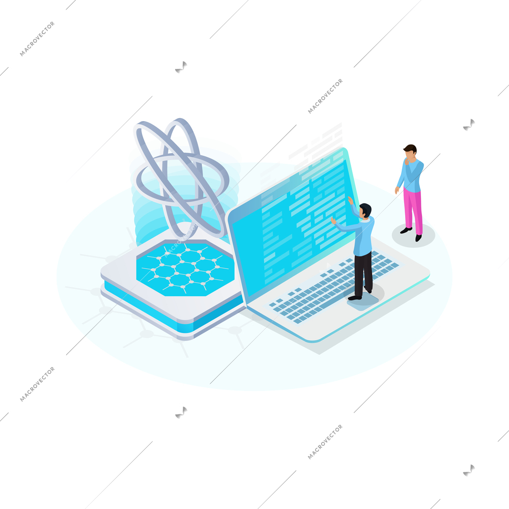 Isometric nanotechnology biochemistry innovative technologies icon with scientists doing research vector illustration