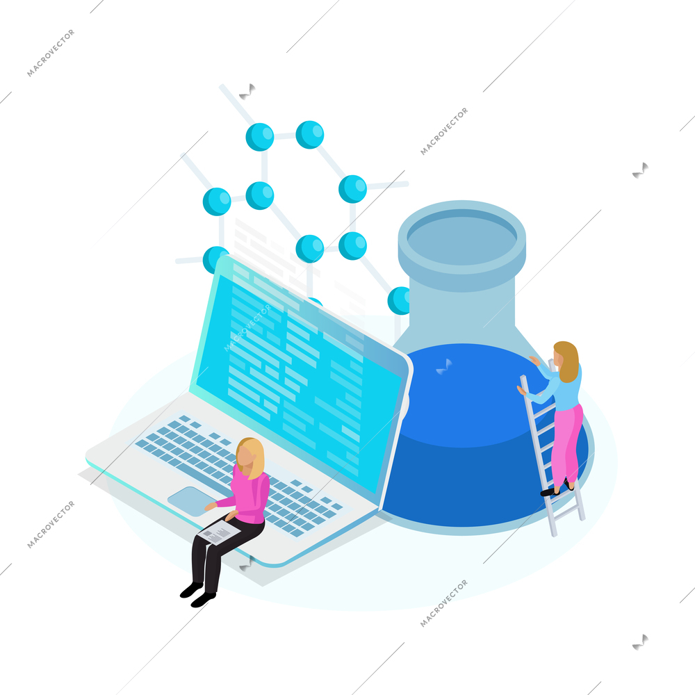 Nanotechnology biochemistry laboratory isometric icon with laptop flask human characters 3d vector illustration