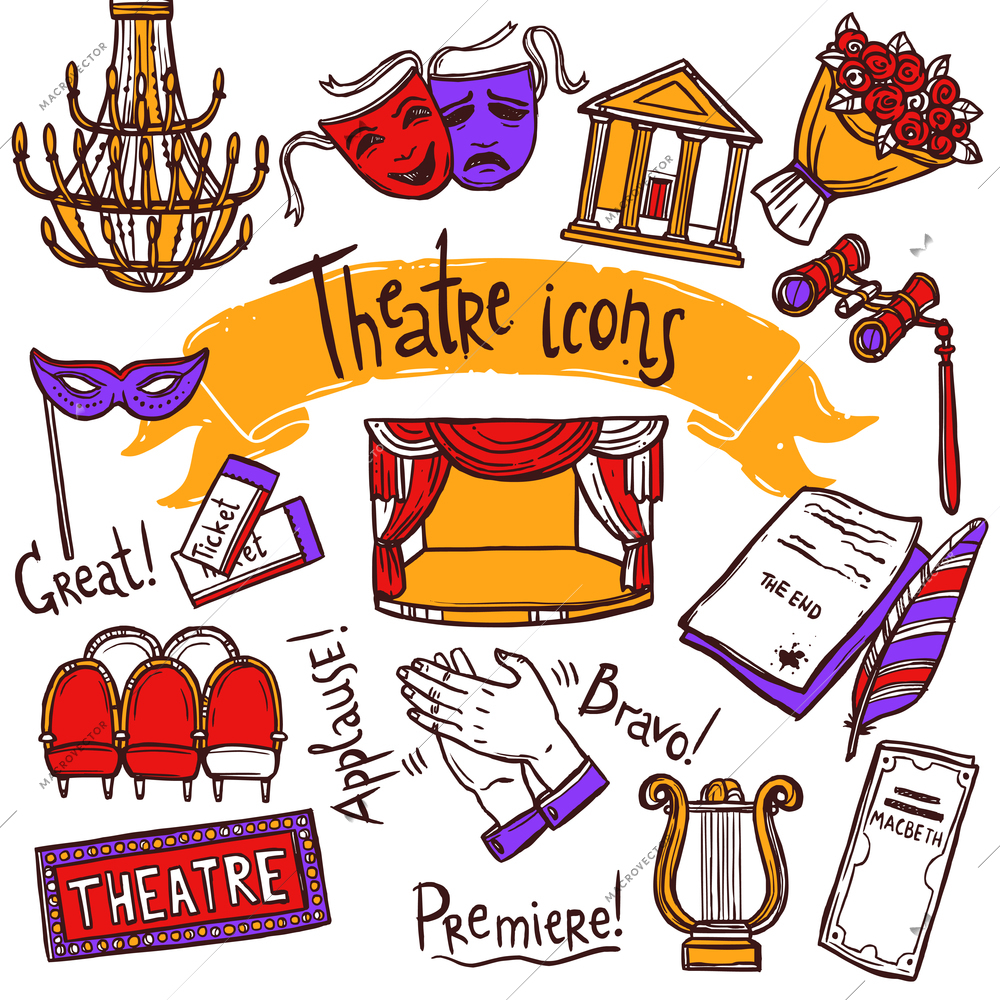 Theater performance decorative icons sketch set with mask applause flowers isolated vector illustration