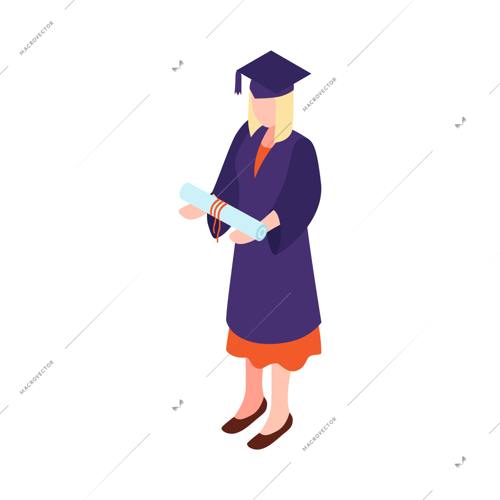 Isometric faceless female human character of university graduate vector illustration