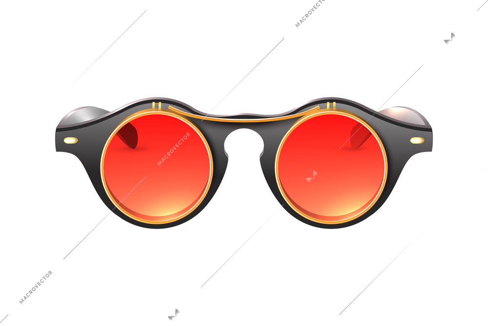 Realistic carnival steampunk round glasses with orange lens vector illustration