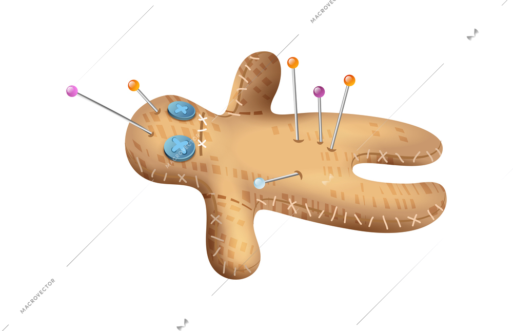Realistic magic voodoo doll with needles vector illustration