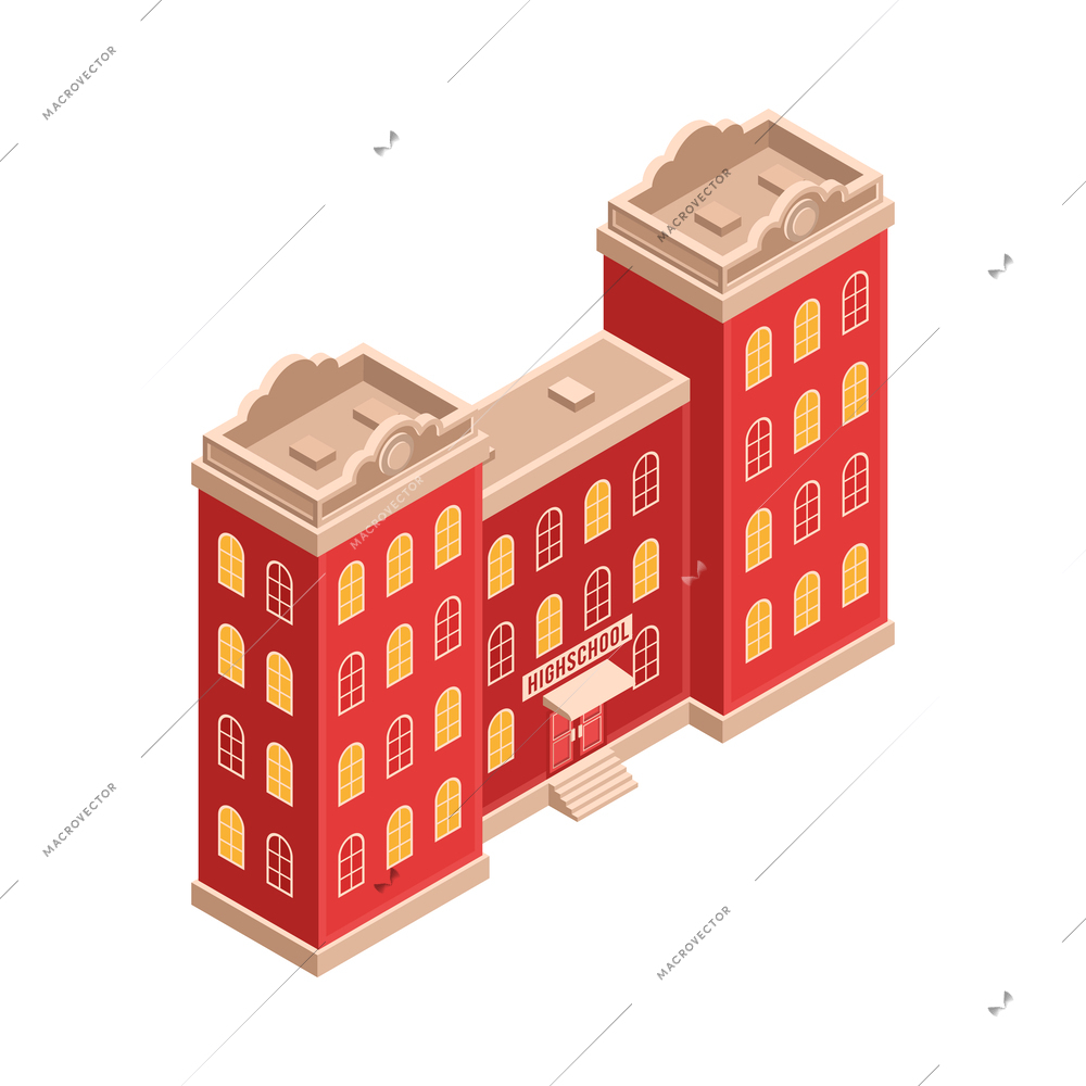 Isometric color high school building exterior 3d vector illustration