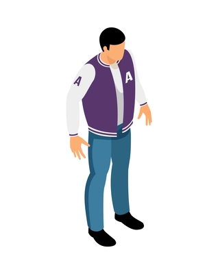 Isometric faceless man wearing sports jacket and jeans 3d vector illustration