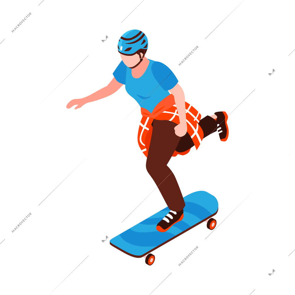 Isometric man in helmet riding skateboard vector illustration