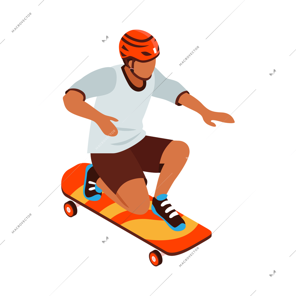 Isometric male teenager in helmet on skateboard 3d vector illustration