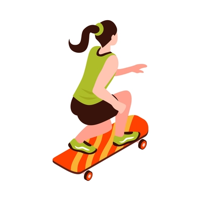 Isometric young female skateboarder on skateboard back view 3d vector illustration