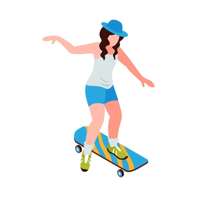 Young girl with skateboard isometric vector illustration