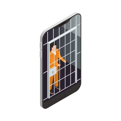 Internet gadget addiction isometric concept with man imprisoned in smartphone 3d vector illustration