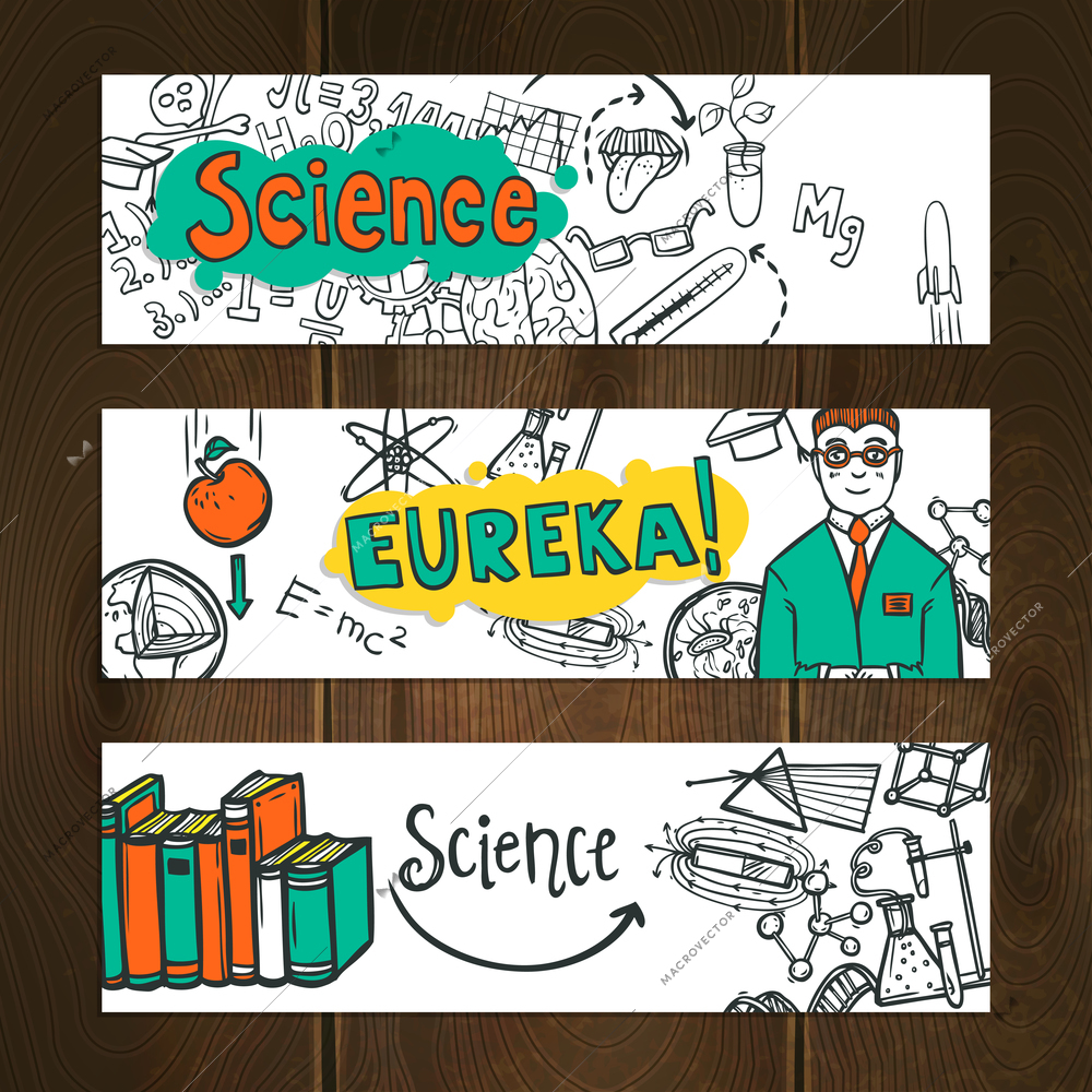 Science and education horizontal banner set hand drawn isolated vector illustration