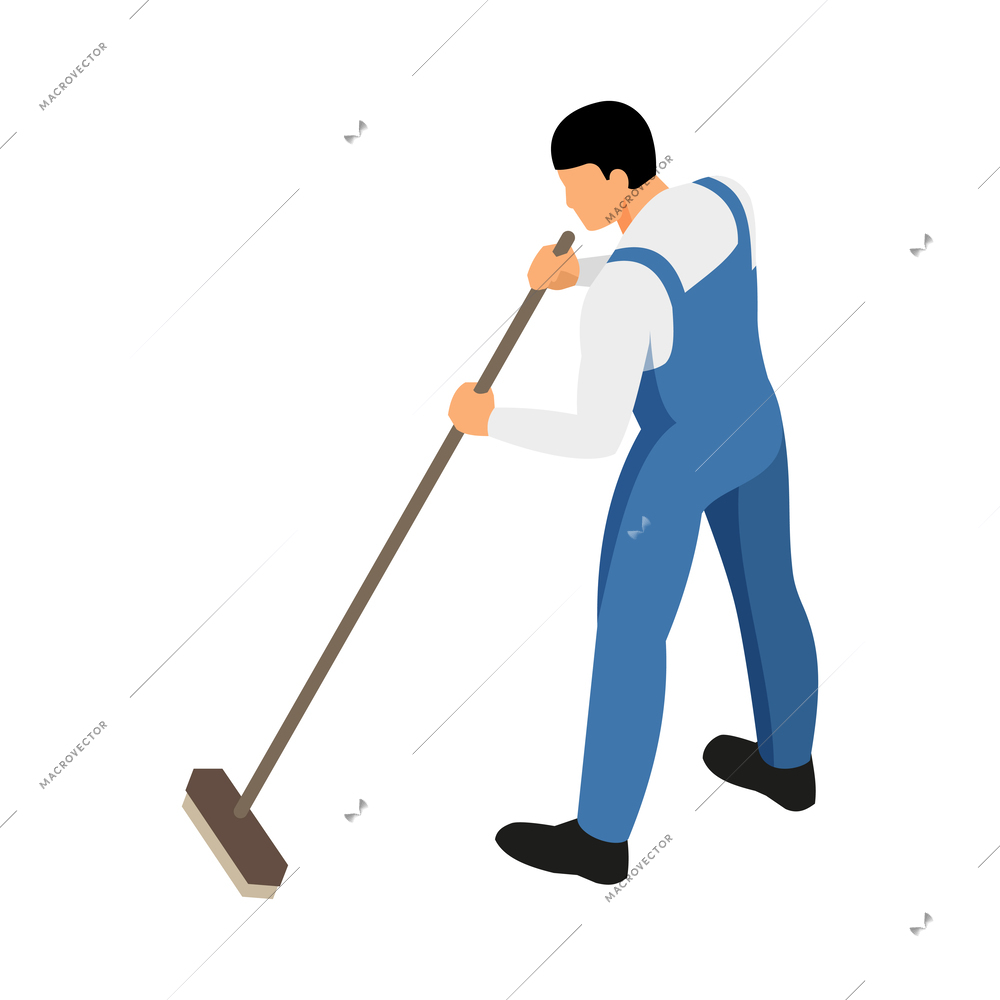 Isometric male cleaning service worker mopping floor with broom 3d vector illustration