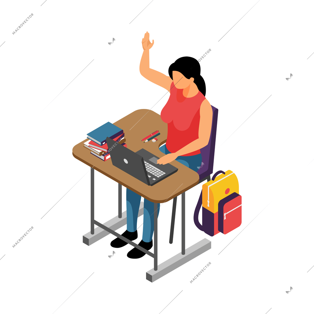 Isometric female university student raising hand at desk with laptop and books on it 3d vector illustration