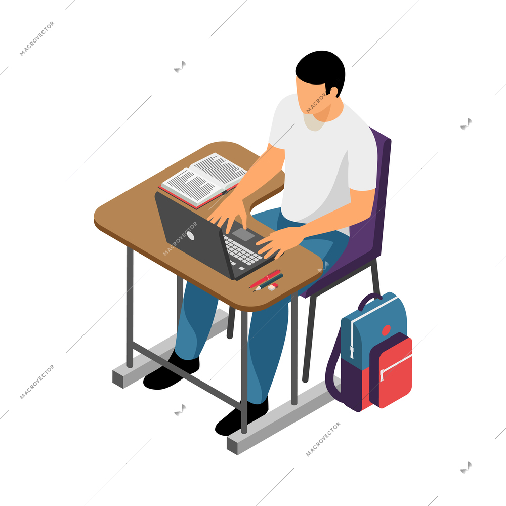 Isometric male university high school student working on laptop at desk in classroom vector illustration