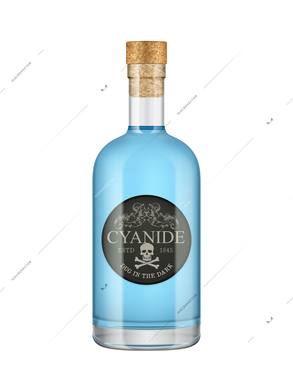 Glass bottle of cyanide poison with crossbones on label realistic vector illustration