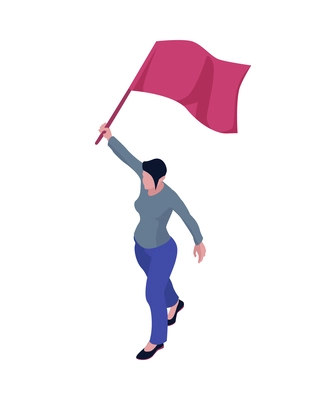 Isometric human character of female activist protesting with flag 3d vector illustration