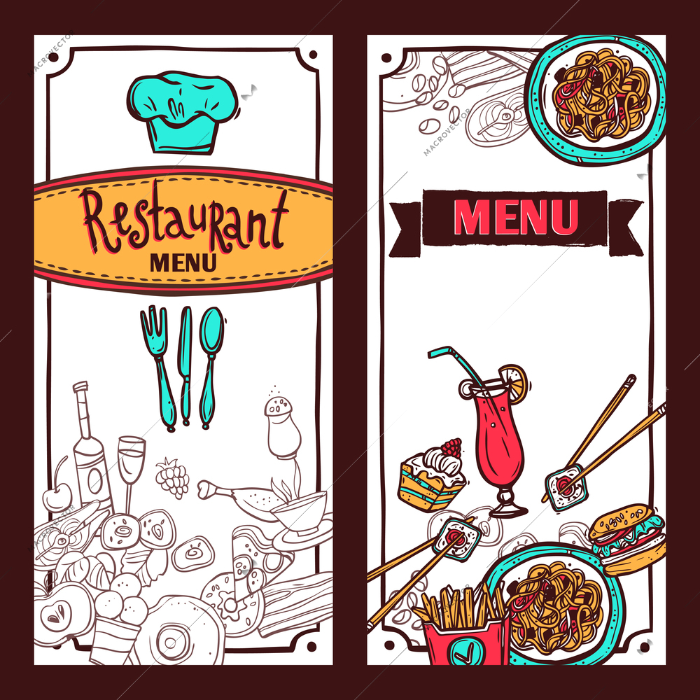 Fast food restaurant menu symbols with sushi and spaghetti vertical banners set doodle abstract isolated vector illustration