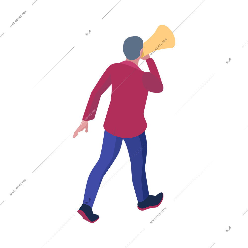 Isometric protesting man with megaphone back view 3d vector illustration