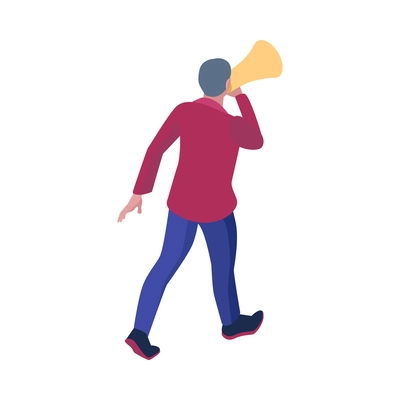 Isometric protesting man with megaphone back view 3d vector illustration