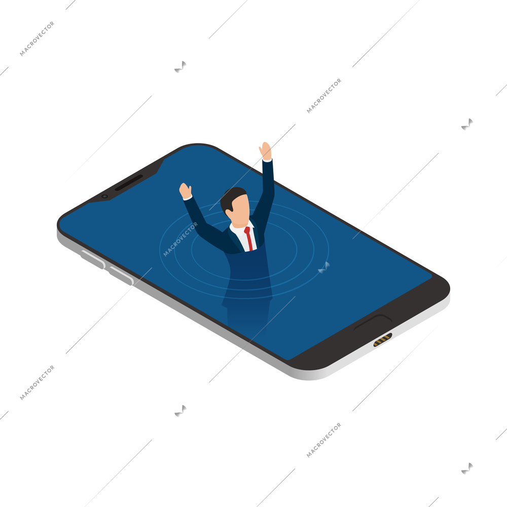 Internet gadget addiction isometric concept icon with man drowning in smartphone vector illustration