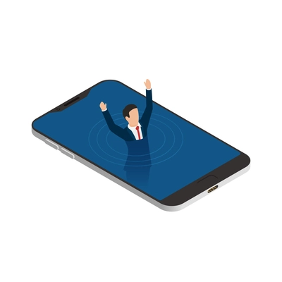 Internet gadget addiction isometric concept icon with man drowning in smartphone vector illustration