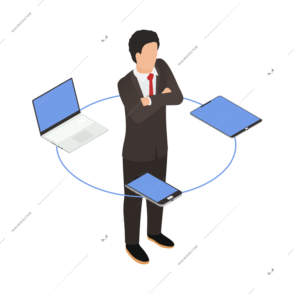 Gadget addiction isometric concept with man surrounded by tablet laptop and smartphone vector illustration