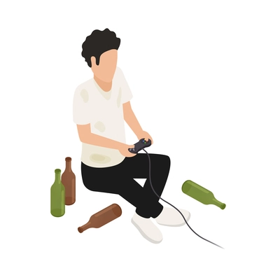 Internet gadget addiction isometric concept with dirty man surrounded by bottles playing video game vector illustration
