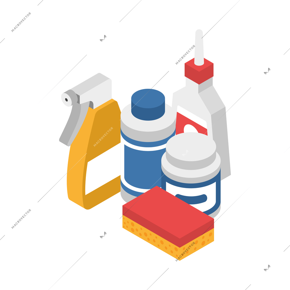 Cleaning service isometric icon with bottles of detergents and sponge 3d vector illustration