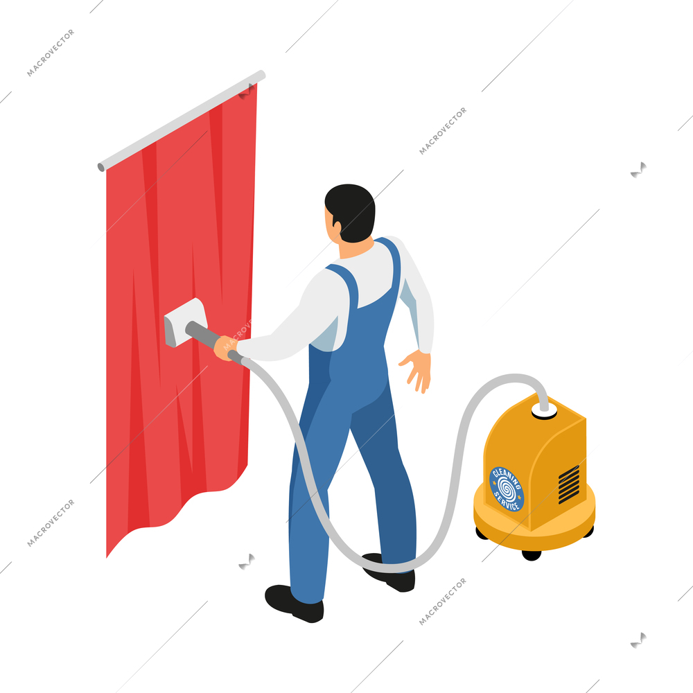 Cleaning service isometric icon with worker in uniform vacuuming curtains 3d vector illustration