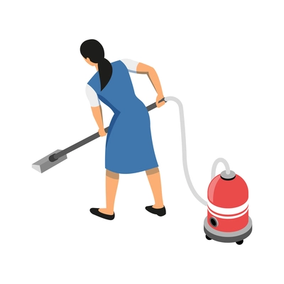 Female cleaning service worker vacuuming floor isometric icon 3d vector illustration