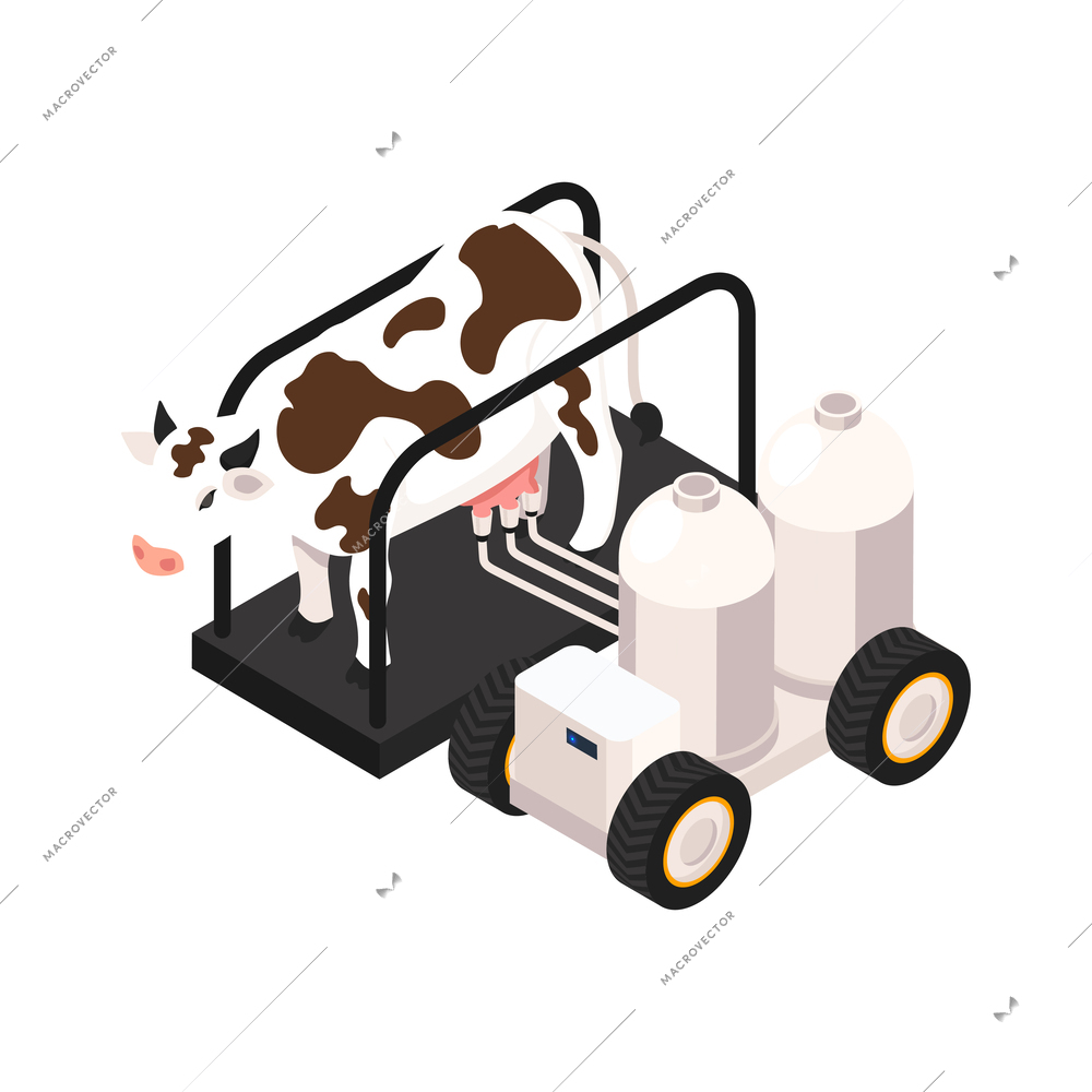 Smart farm isometric icon with automatic milking machine and cow 3d vector illustration