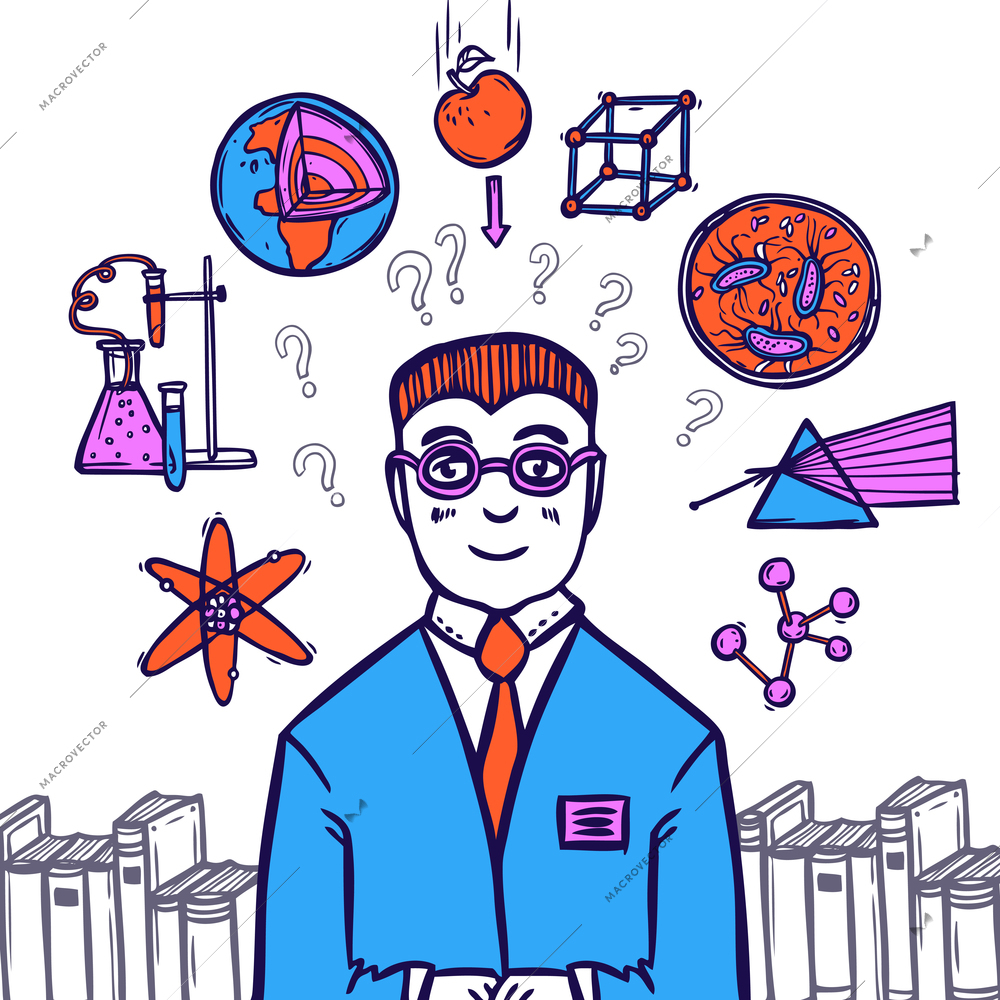 Scientist sketch concept with male figure and scientific icons set vector illustration